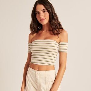 Abercrombie Green Stripe Off-The-Shoulder Cropped Tank